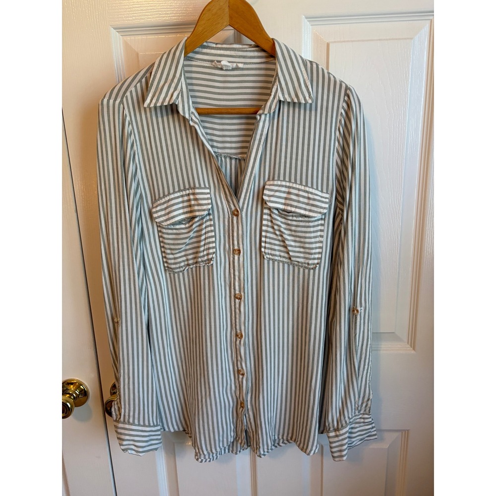 Blu Pepper Sage Green White Striped Button Down Roll Tab Sleeve Shirt S CR2084A